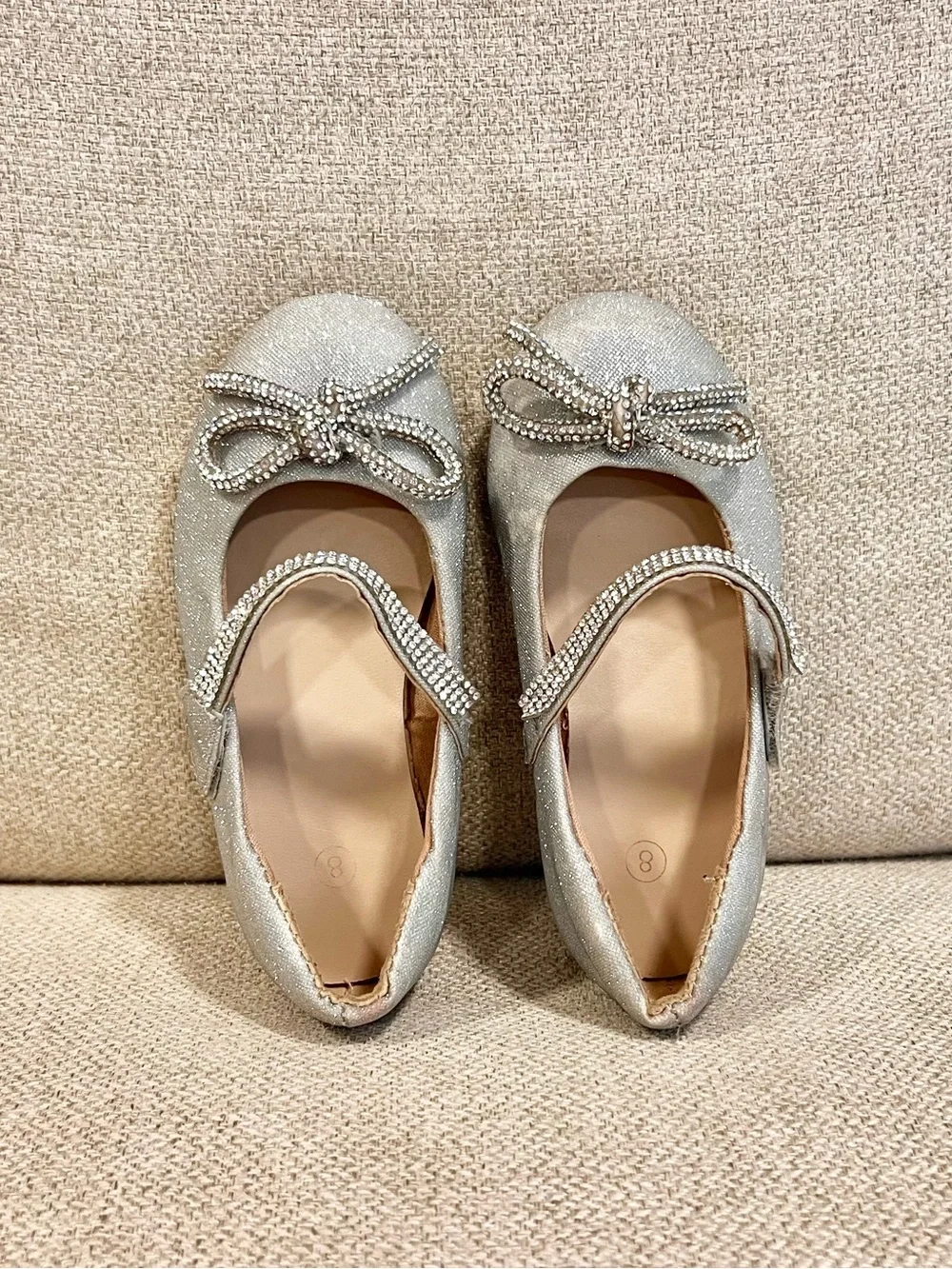 Toddler Girls Size 8 Silver Glitter Rhinestone Bow Mary Jane Flats Dress Shoes